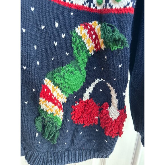 Vtg. 90's Winter Cardigan Sweater Hand Knit Snowman Ice Skates 3D Wearable Art - Picture 6 of 13